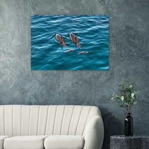 Delfini hawaiani che scivolano con grazia nelle limpide acque blu. Poster fotografico accattivante di fauna marina. Arte murale.