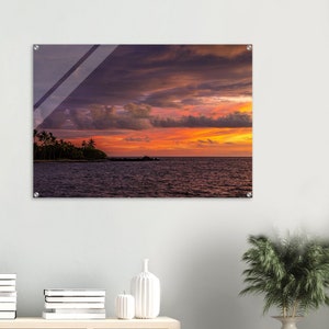 Tropical Sunset Beach Photography Print – Palm Trees, Lava Rocks & Fiery Sky Reflections Over Ocean Acrylic Print