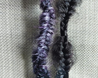 2 X fishtail braids on snap clips, black and purple