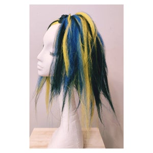 Blue, yellow and black cosplay hair falls. Listing is for a pair code BY22