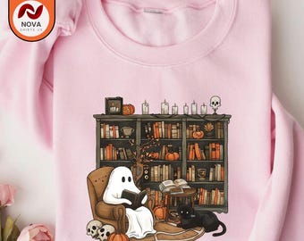 Retro Ghost Reading Sweatshirt, Halloween Librarian Teacher Gift