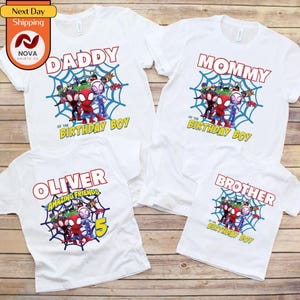 May include: Four white t-shirts with a Spider-Man theme. The shirts say "Daddy of the Birthday Boy", "Mommy of the Birthday Boy", "Oliver Amazing Friends 5", and "Brother of the Birthday Boy".