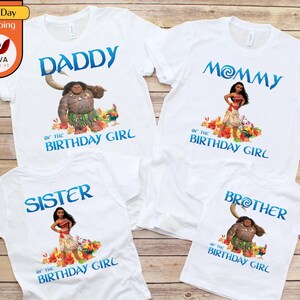 May include: Four white t-shirts with blue text and character graphics. The shirts read "Daddy", "Mommy", "Sister", and "Brother" with character illustrations. The text "of the Birthday Girl" is below each.