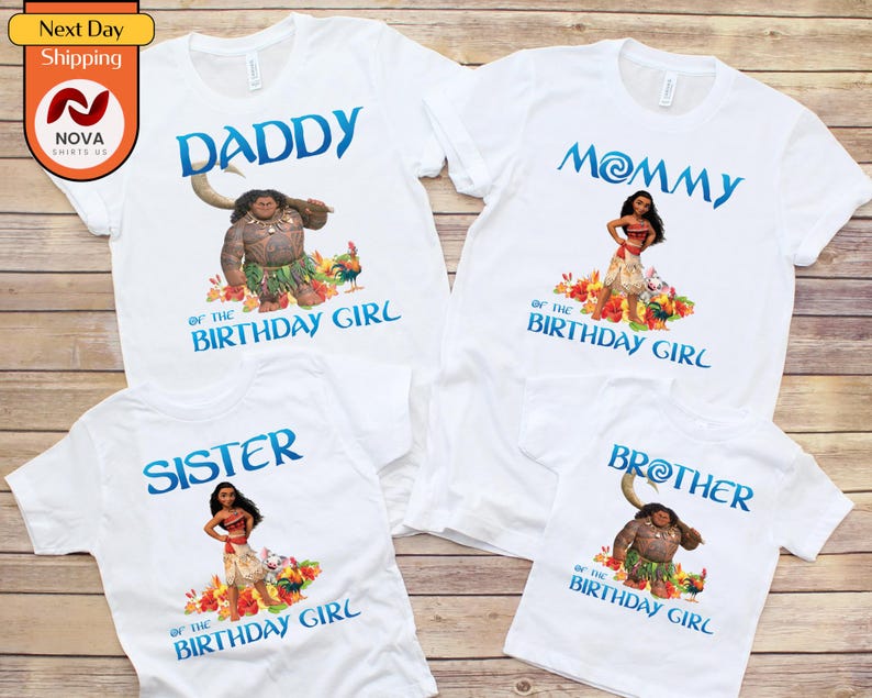 May include: Four white t-shirts with blue text and character graphics. The shirts read "Daddy", "Mommy", "Sister", and "Brother" with character illustrations. The text "of the Birthday Girl" is below each.