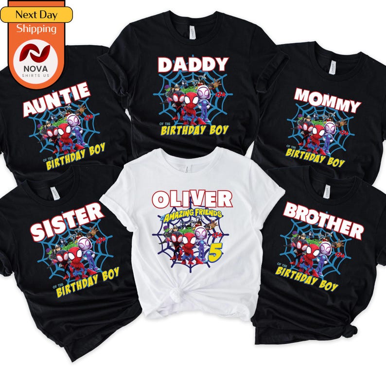 May include: Set of six black and white t-shirts with a spider-man theme. The shirts feature the text "Auntie", "Daddy", "Mommy", "Sister", "Oliver Amazing Friends", and "Brother" with a spider-man graphic and the text "Of the Birthday Boy".