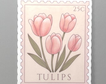 May include: A rectangular sticker designed like a postage stamp featuring four soft pink tulips with green stems and leaves. The stamp has a light cream background, a pink border, the text 25C in the top right corner, and the word TULIPS at the bottom.