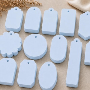 May include: A collection of thirteen light blue tags in various geometric shapes, including circles, rectangles, ovals, and scalloped edges. Each tag features a single pre-punched hole at the top, providing a uniform look for labeling or crafting projects.