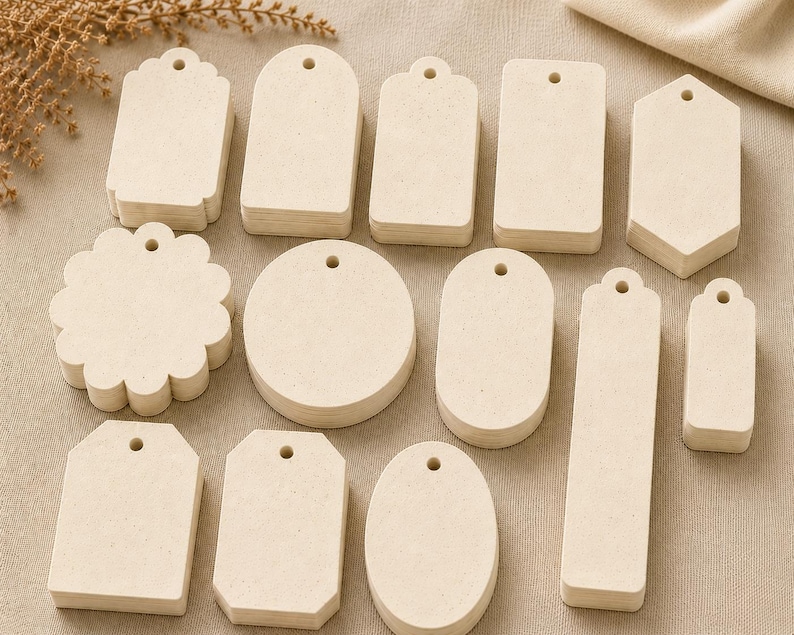 May include: A collection of twelve stacks of off-white, speckled paper tags in various geometric shapes, including circles, rectangles, ovals, and scalloped edges. Each tag features a small, centered hole at the top for stringing or attachment.