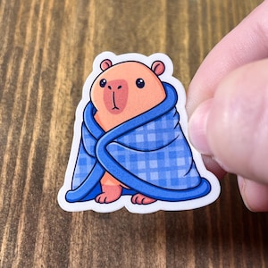 May include: A sticker featuring a cartoon capybara wrapped in a blue blanket with a plaid pattern. The capybara has peach-colored fur and is sitting upright. The blanket has a dark blue border.