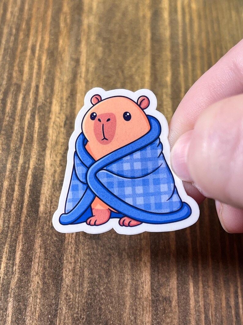 May include: A sticker featuring a cartoon capybara wrapped in a blue blanket with a plaid pattern. The capybara has peach-colored fur and is sitting upright. The blanket has a dark blue border.