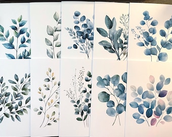 May include: A collection of ten rectangular art prints featuring watercolor illustrations of various botanical branches and eucalyptus leaves in shades of blue, green, and soft purple against a plain white background, arranged in two rows.