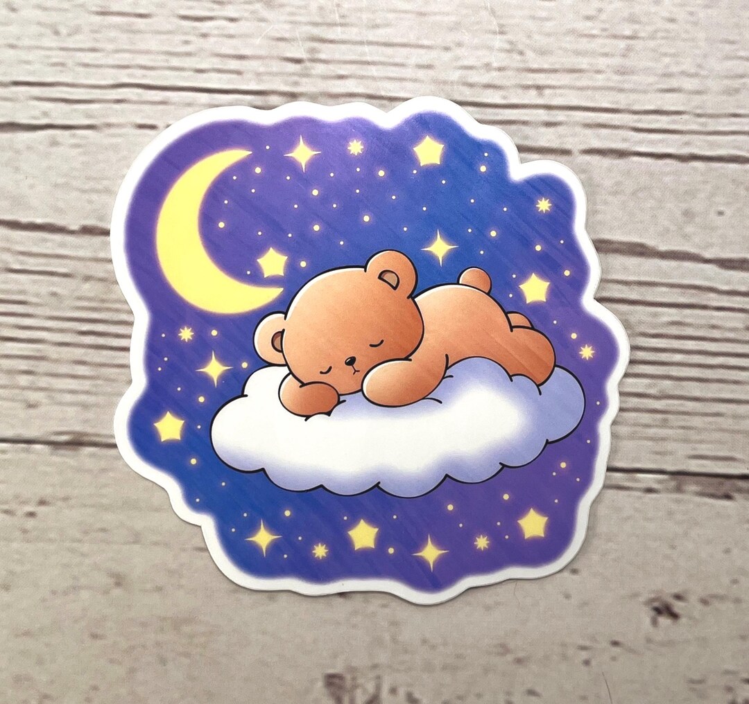 Sleeping Teddy Bear on a Cloud With Moon and Stars 3" Glossy Vinyl ...