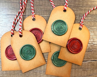 Christmas Gift Tags With Wax Seals & Red and White Twine, Set of 10, Rustic Holiday Hang Tags, Handmade Christmas Tags, Vintage Gift Wrap
