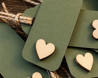 Sage Green Hang Tags With Wooden Hearts and Twine - Set of 10