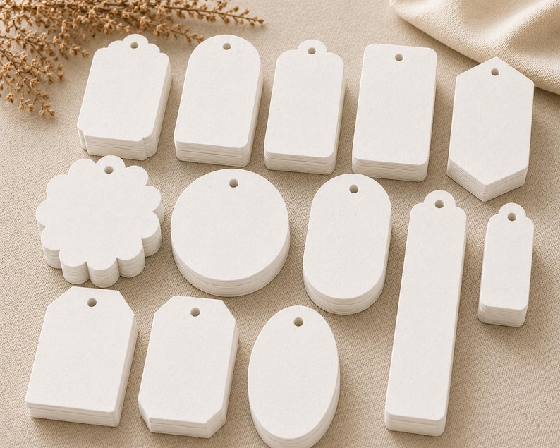 May include: A collection of white paper tags in various shapes including rectangular, circular, scalloped, oval, and hexagonal designs. Each tag features a small pre-punched hole at the top for stringing, arranged in neat stacks on a flat surface.
