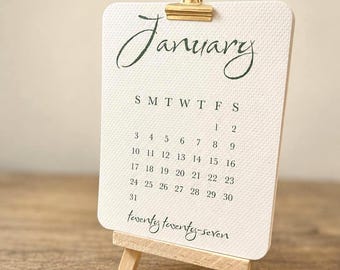 2027 Mini Desk Calendar | Textured Calendar Cards with Gold Clip & Wooden Easel | Minimalist Office Decor | Desktop Calendar