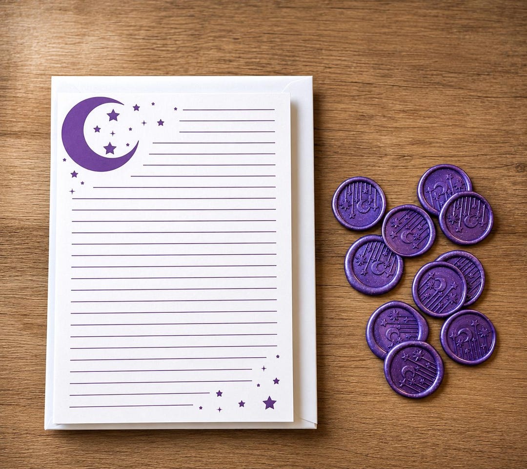 5" X 7" Purple Moon and Stars Stationery Set With Adhesive Celestial Wax Seals - Set of 10 - Etsy Poland