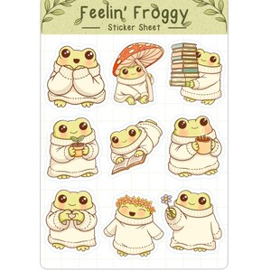 Cozy Frog Sticker Sheet – Cottagecore, Glossy Vinyl