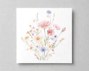 May include: A square print featuring a watercolor illustration of a wildflower bouquet. The arrangement includes pink, white, yellow, and blue blossoms with green stems and leaves, all set against a plain white background on a square canvas.