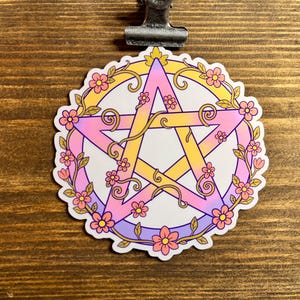 Wiccan Pagan Pentacle Wrapped in Vines and Flowers Glossy Vinyl Sticker