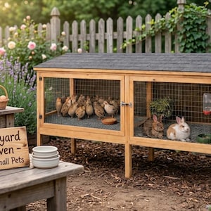 Op de afbeelding: Een houten hok voor kleine huisdieren met een donkergrijs dak, gaaswanden en een deur. Binnenin zitten verschillende kleine vogels en twee konijnen. Een bord leest "Backyard Haven - For Small Pets."