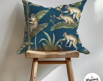 Blue Tropical Monkey Jungle Cushion Cover pillowcase | Square Pillowcase