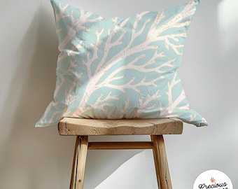 Coastal Blue Coral Pillow Cover, Beach House Decor