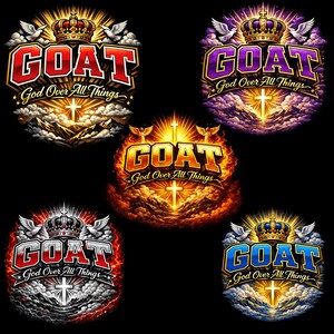 Op de afbeelding: Een verzameling van vijf grafische ontwerpen met het woord "GOAT" in een vetgedrukte, gestileerde letter. Elk ontwerp bevat de zin "God Over All Things", een kruis, een kroon en duiven. De kleurenschema's vari&euml;ren.
