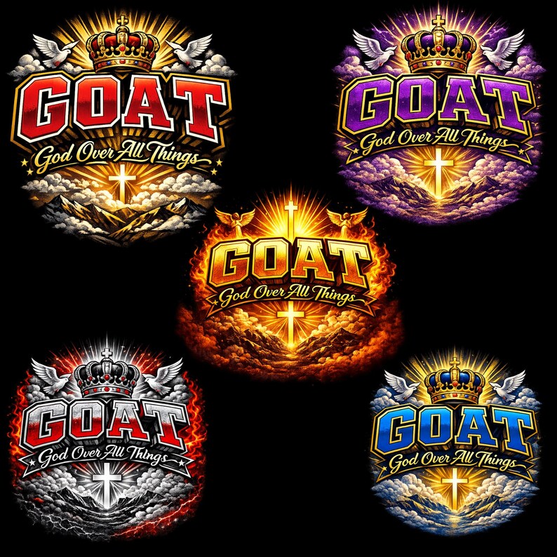 Op de afbeelding: Een verzameling van vijf grafische ontwerpen met het woord "GOAT" in een vetgedrukte, gestileerde letter. Elk ontwerp bevat de zin "God Over All Things", een kruis, een kroon en duiven. De kleurenschema's vari&euml;ren.