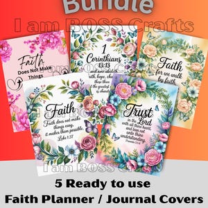 Könnte beinhalten: Ein Bundle von fünf sofort einsatzbereiten Faith-Planer- und Journal-Covern. Jedes Cover zeigt florale Designs, Schmetterlinge und inspirierende Zitate. Der Text enthält Sätze wie "Glaube macht die Dinge nicht einfach" und "Vertraue dem Herrn".