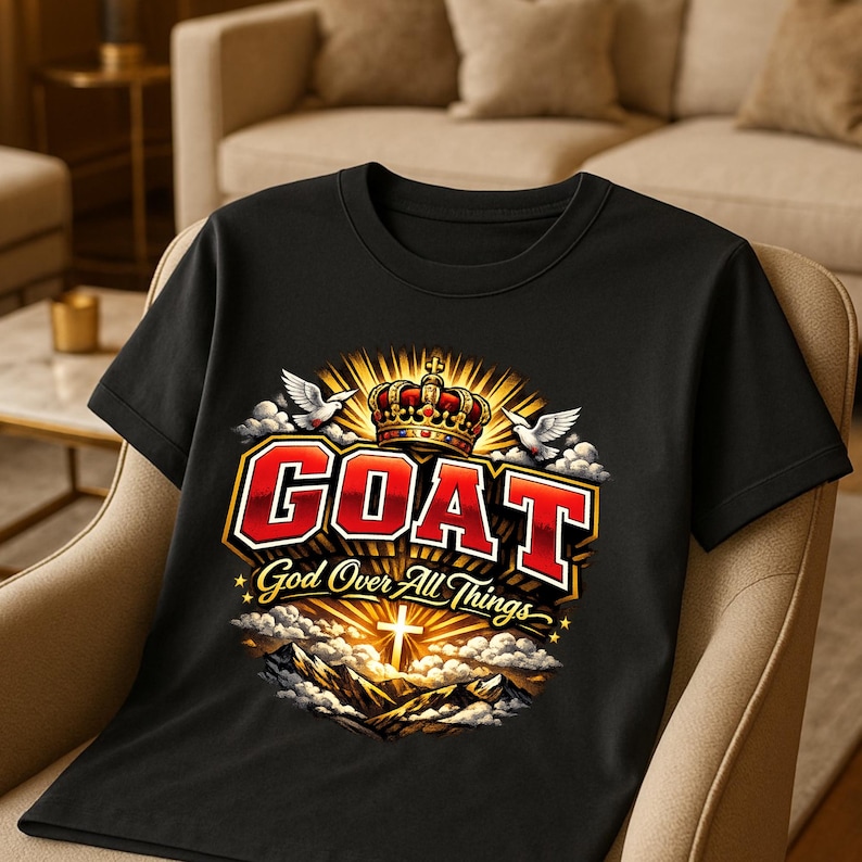 Op de afbeelding: Zwart t-shirt met het woord "GOAT" in een rood en wit omlijnd lettertype, met "God Over All Things" eronder. Het ontwerp bevat een kroon, duiven en een kruis over een berglandschap.
