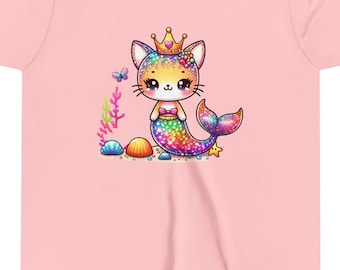 Sparkly Mermaid Cat, mermaid t shirt, cat t shirt, kids t shirt, back to school t shirts, funny Youth Short Sleeve T shirt, cute kids tee