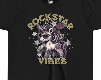 Rockstar Vibes Unicorn T-Shirt, Youth Short Sleeve Tee, Cute Girls Clothing, Adorable shirts, Fun Little Girls Shirt
