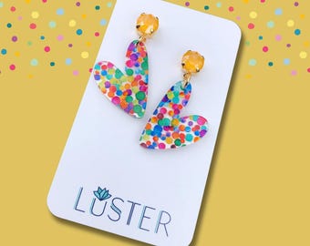 Confetti Heart Love Rainbow Polka Dot Colorful Valentine Acrylic Lightweight Statement Hypoallergenic Gift Party Fun Unique Earrings