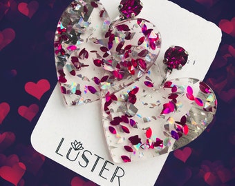 Confetti Glitter Heart Love Valentine Acrylic Lightweight Statement Earrings Hypoallergenic Gift Party Fun Unique Earrings
