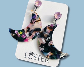 Crescent Moon Purple Lavender Gift Fun Acrylic Statement Lightweight Earrings