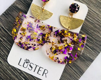 Purple Gold Mardis Gras Acetate + Brass Fun Lightweight Unique Statement Earrings
