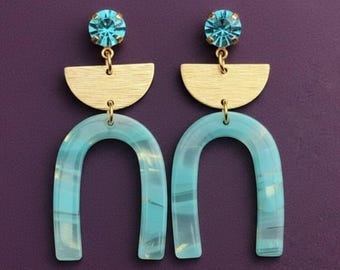 Teal Horseshoe Drop Acrylic Unique Statement Earrings