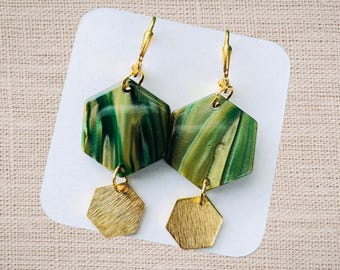 Green Hexagon Acrylic and Brass Lightweight Unique Statement Earrings