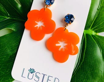 Happy Orange Flower Acrylic Lightweight Statement Earrings Hypoallergenic Gift Party Fun Unique Earrings