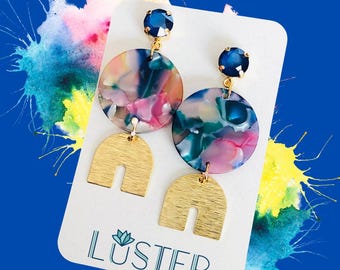 Bold Blue Acrylic Brass Spring Lightweight Unique Statement Earrings
