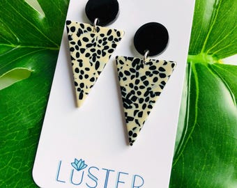Spotted Black Cream Acrylic Triangle Lightweight Statement Earrings Hypoallergenic Gift Party Fun Unique Earrings
