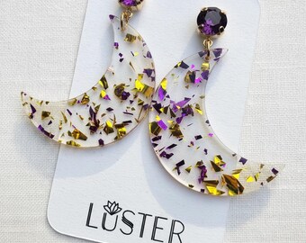 Crescent Moon Purple Gold Foil Fleck Gift Fun Acrylic Statement Lightweight Earrings
