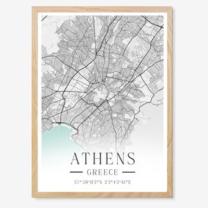 Poster A3 (11,7"x16,5") (vertikal) MIT Holzrahmen Athen Griechenland Wandkunst Karte Geschenk