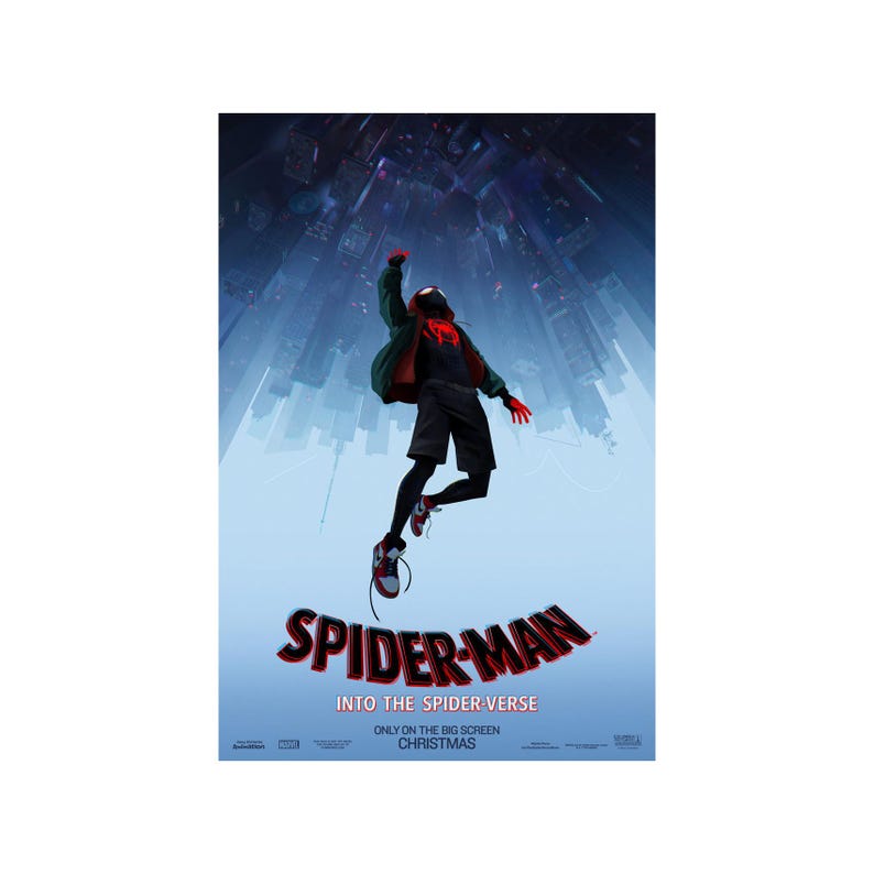 May include: Poster for the animated film "Spider-Man: Into the Spider-Verse." The poster features the Spider-Man character in a dynamic pose against a backdrop of a cityscape. The title is prominently displayed in red and white, with additional text at the bottom.