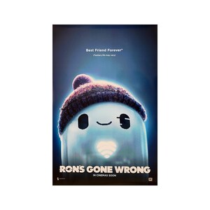 May include: A blue poster with a white robot character wearing a purple and brown knitted hat. The robot has a white face with black eyes and a small smile. The text on the poster reads "Best Friend Forever*" and "Ron's Gone Wrong" in white letters. The poster also includes the text "In Cinemas Soon".