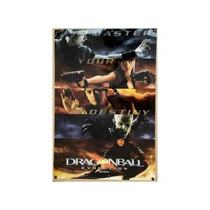 May include: A rectangular movie poster for Dragonball Evolution featuring five horizontal panels with characters in action poses. The text reads MASTER YOUR DESTINY and DRAGONBALL EVOLUTION APRIL. The color palette includes dark blues, oranges, and blacks.