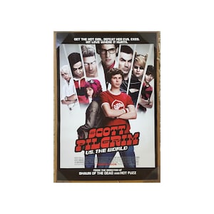May include: Movie poster for the film "Scott Pilgrim vs. the World". The poster features a group of characters, including Scott Pilgrim, in a colorful and action-packed scene. The text "Get the hot girl. Defeat her evil exes. Hit love where it hurts." is at the top of the poster.