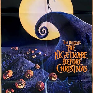 May include: A film poster for Tim Burton's "The Nightmare Before Christmas." The image shows Jack Skellington on a hill in front of a large yellow moon. The title is in orange and white text.