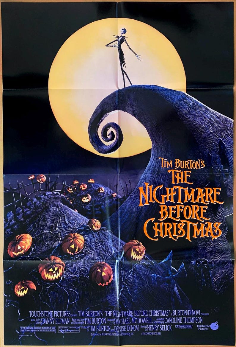 May include: A film poster for Tim Burton's "The Nightmare Before Christmas." The image shows Jack Skellington on a hill in front of a large yellow moon. The title is in orange and white text.